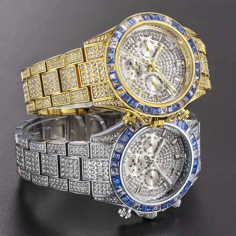 Chronograph 18K Plated Gold Watch for Men Full Diamond Mens Watches Rap Hip Hop Iced Out Quartz Wristwatch Man Reloj Hombre xfcs