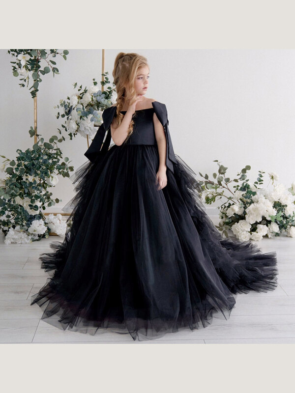 Black Elegant Flower Girl Dress For Wedding Tulle With Bow Sleeveless Floor Length Kids Birthday Party Princess Ball Gowns