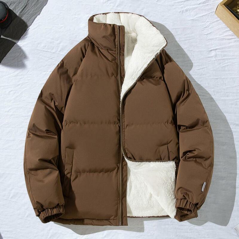 Casaco de fecho de zíper manga comprida masculino, casaco de algodão com gola, proteção de pescoço espesso, cor sólida, inverno