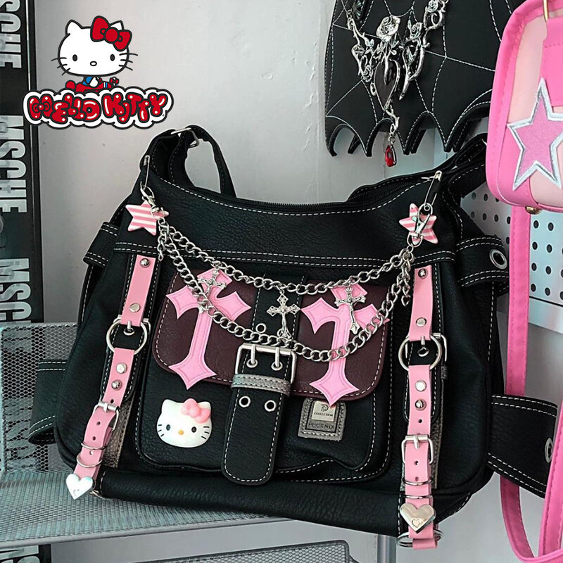 Bolsos cruzados de Hello Kitty Sanrio para mujer, bolso de mano gótico Punk Vintage rosa con cadenas cruzadas, bolso de mano para niña caliente, bolso de mano de tendencia Y2k, regalo