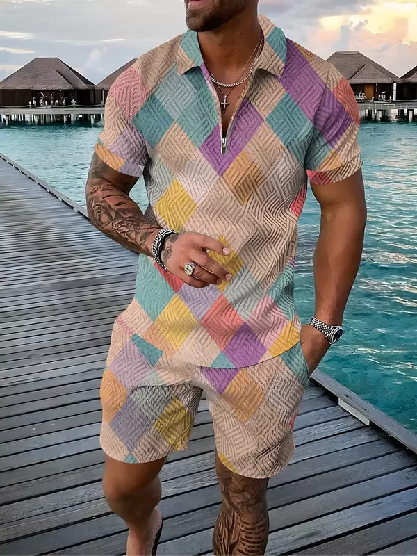 Patches coloridos para homens 3D impressão Casual Zipper Camisa Polo e Shorts Set, Conjuntos de agasalhos extragrandes, Moda Verão, 2pcs