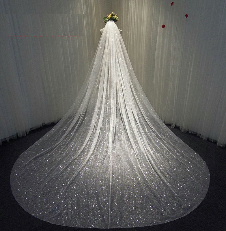Sparkly Bling Bling Wedding Veils Bridal Veils Long Cathedral ความยาว Sequined ลูกปัดเจ้าสาว Veil ฟรีหวี
