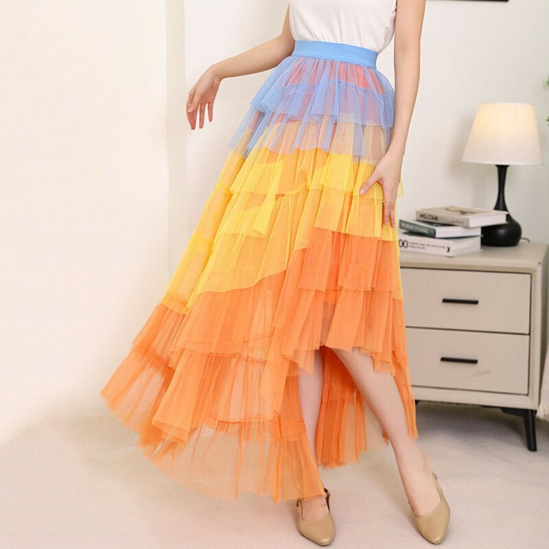 Aesthetic Contrast Tiered Tulle Maxi Skirt Women 2024 New Korean Fashion Irregular Hem High Waist Long Skirt Female