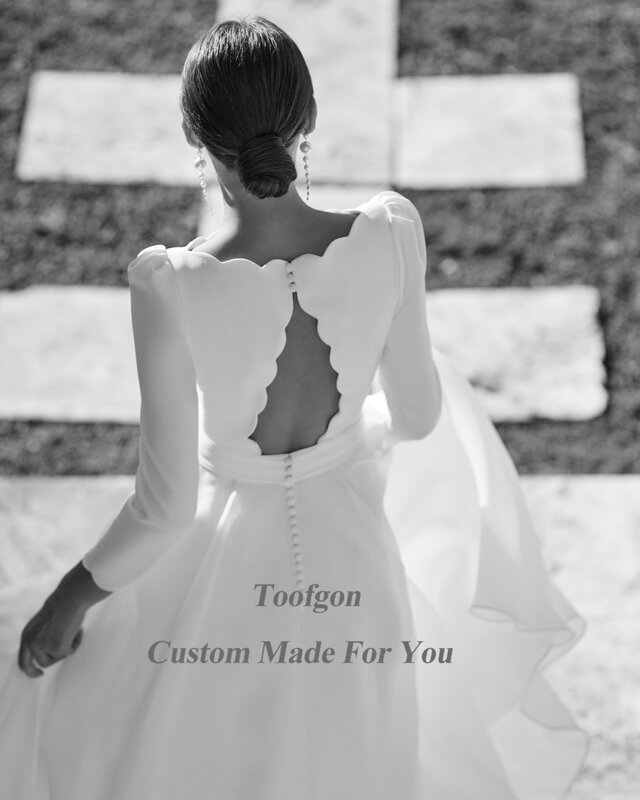 Toofgon ชุดแต่งงานแขนยาวผ้าโปร่งบางสีงาช้างมีกระดุมด้านหลังสำหรับผู้หญิงชุดเจ้าสาวทางการสำหรับงานปาร์ตี้