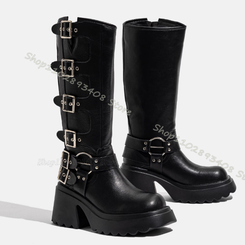 Gesp Metalen Ring Decor Combat Boots Slip On Platform Dikke Hakken Schoenen Punk Stijl Lente Feest Vrouwen Laarzen Zapatos Para Mujere