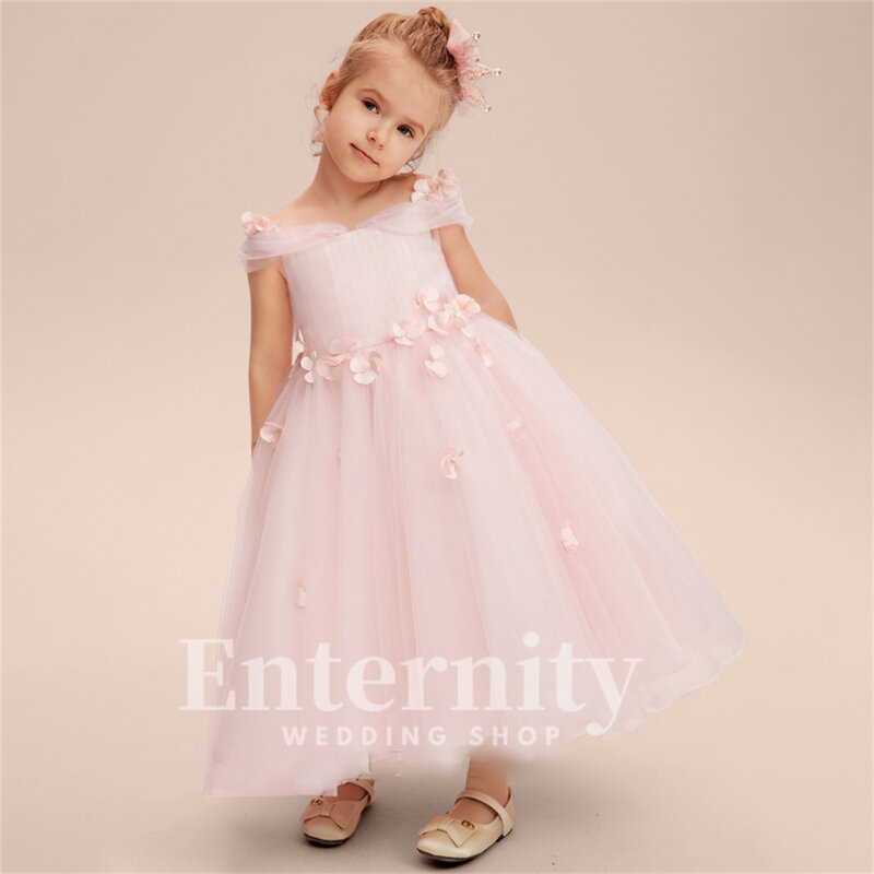 Flower Girl Dresses A Line Cold Shoulder Girls Elegant Dresses Tea-Length Tulle Flower Bow Wedding Dresses Vestidos Para Niñas