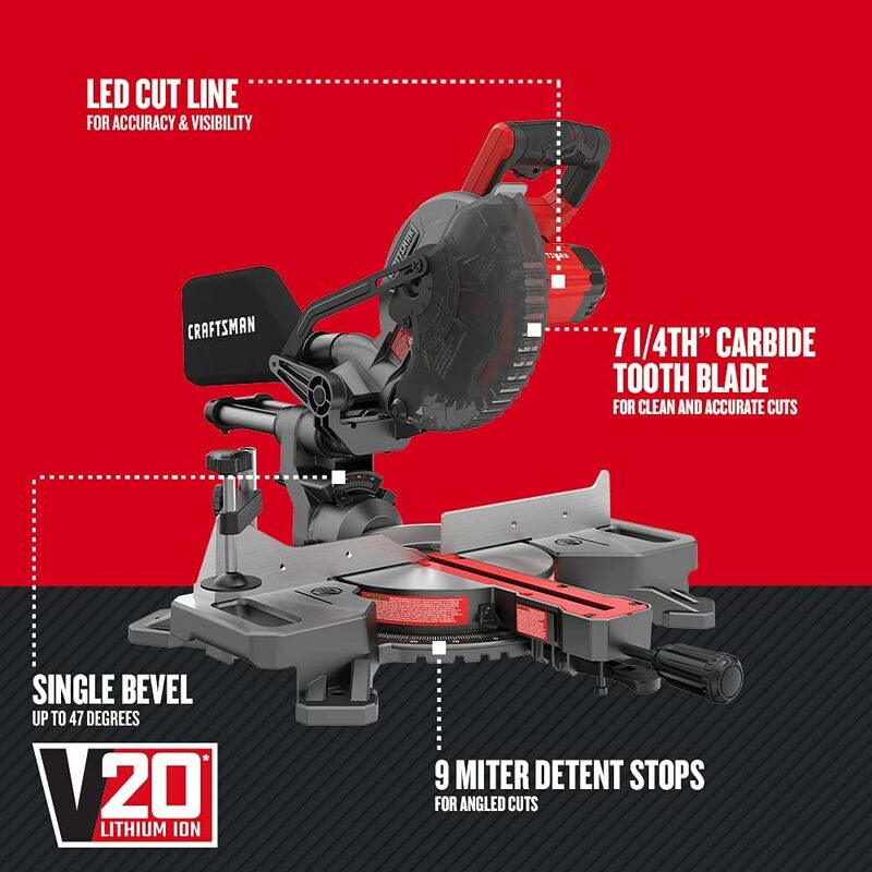CRAFTSMAN V20 Cordless Sliding Miter Saw, 7-1/4 inch, Single Bevel, Battery and Charger Included (CMCS714M1)