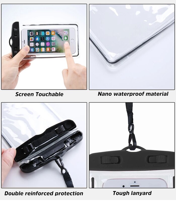 Universal telefone móvel transparente saco impermeável, 3-Layer selado, à deriva, praia, pesca, subaquática, natação, seco, 6"