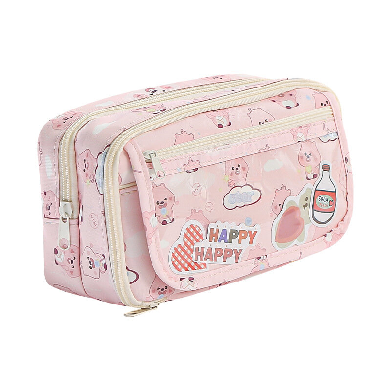 Прозрачная сумка для ручек большой емкости, женская сумка, школьные принадлежности, коробка для хранения, розовая сумка с принтом