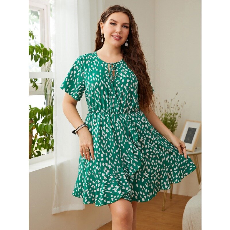 Wsfec-女性のための大きなサイズのサマードレス,緑の半袖の服,ラウンドネック,ルーズフィット,カジュアルでエレガント,XL-4XL
