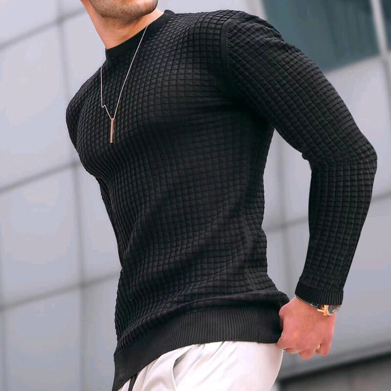 Suéter masculino casual de malha justa manga comprida, pulôver básico, tops masculinos de gola redonda, camiseta de algodão, outono, inverno, nova moda