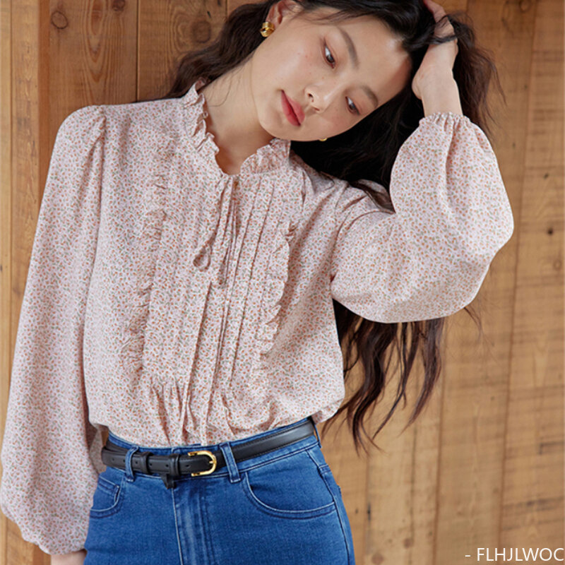 Chic Korea Japan Ruffles Shirts Women Preppy Style New Design Stand Collar Retro Vintage Pink Flower Ribbon Bow Tie Tops Blouses