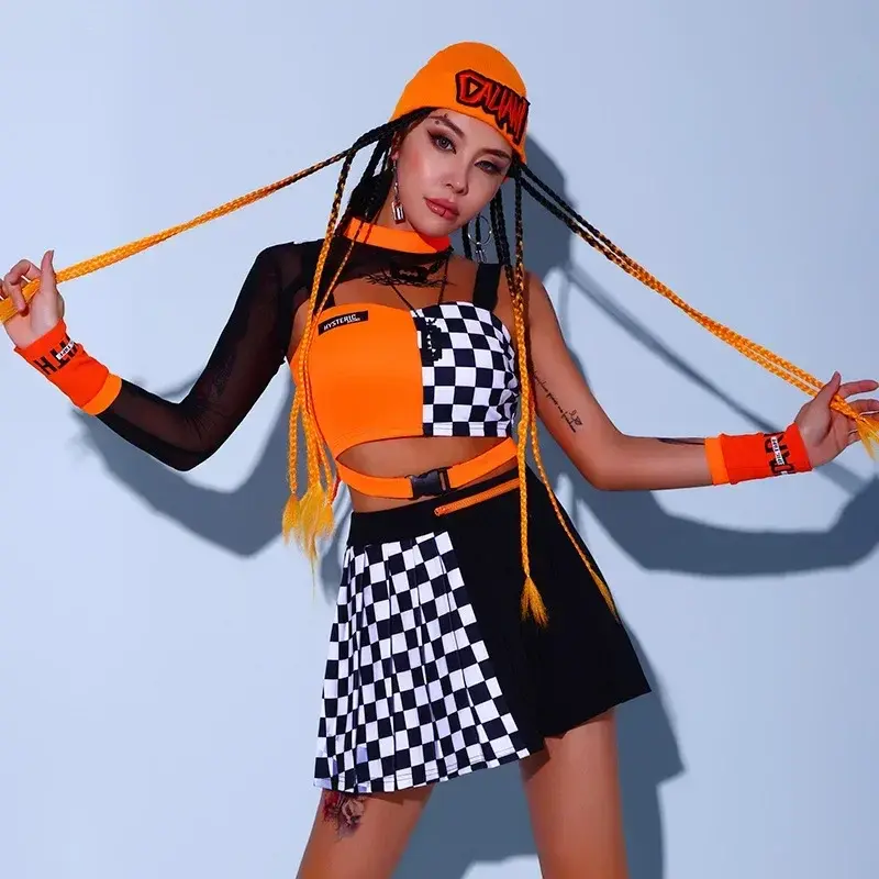 Girl Group Jazz Rave Gogo Checker Crop Top gonna pantaloni Orange Kpop Stage outfit Street Dance Costume Hip Hop Festival abbigliamento