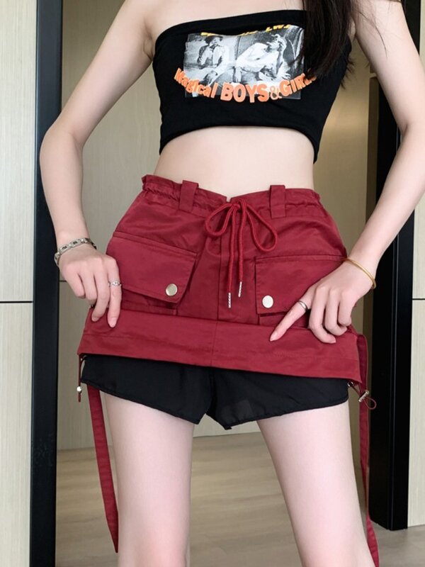 Sexy Red Mini Skirt Hotsweet High Street Pocket Cargo Skirt Korean Style Design High Waist Slim Skirts for Women