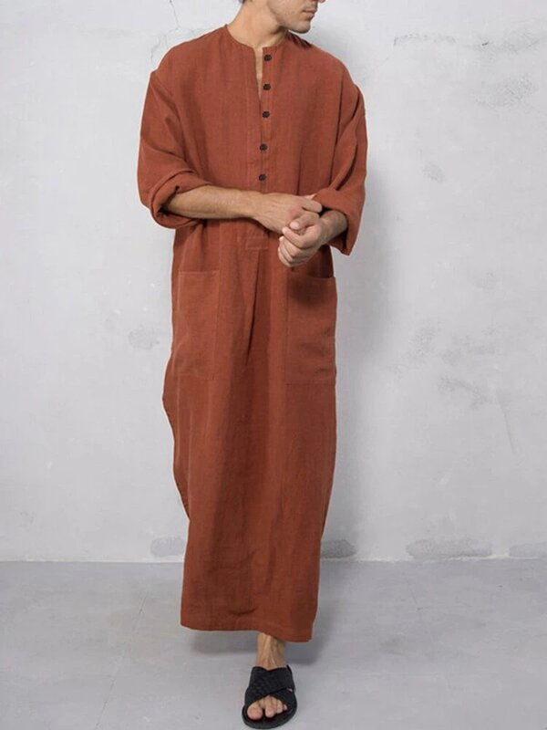Dubai Men's Long Sleeve Kaftan Thobe Button Down Arabic Thobe for Men Muslim Thobe for Men Pakistan  Islamic Clothing