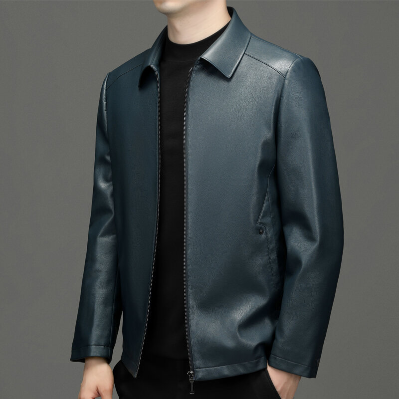 Jaqueta de couro high-end masculina, lapela, casual, tendência, quente, coreana, inverno