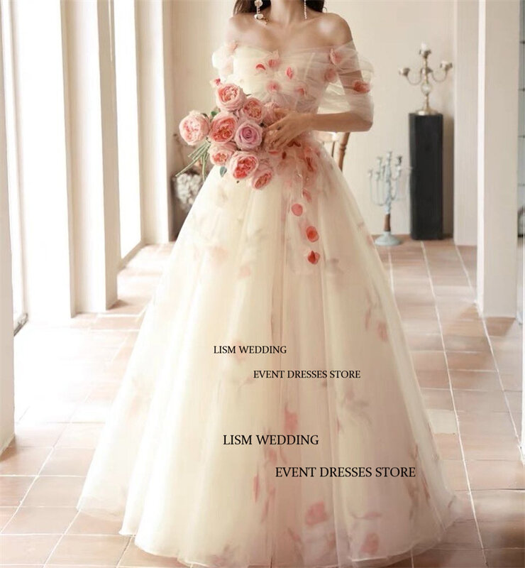 LISM  Simple Wedding Party Dress Korea Photo Shoot Floral Flower Bow Birthday Party Dresses Strapless Sweetheart Prom Gown