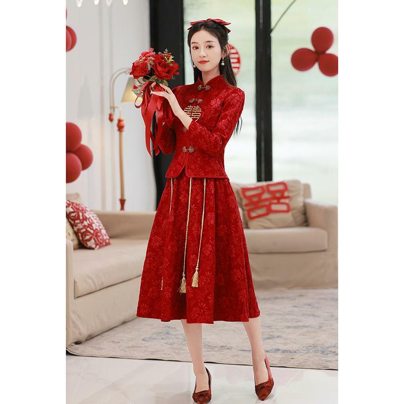 New Chinese' Simple Style Wine-Red  Long-Sleeves Cheongsam For Bride's Wedding In Spring