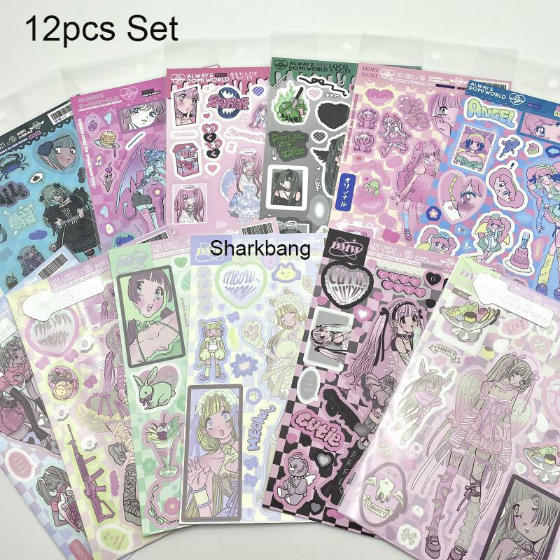 Sharkbang Domi-conjunto completo de pegatinas decorativas para niñas, Set de 12 uds, 24 uds, 66 uds, Kpop coreano, geniales, proveedores de pósticards DIY, serie pegatina para diario