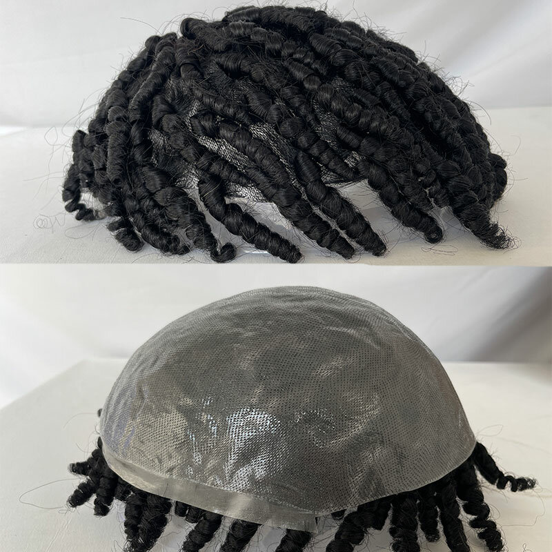 8 mm Afro Curl Twist Crochet Braids Hair for Black Men Toupee 100% Human Hair Thin Skin Full PU V Loop Wigs for Man Jet Black 1#