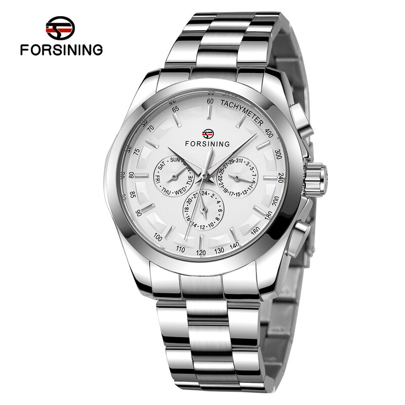 Forsining-Relógios de pulso mecânicos para homens, Top Brand, Real Three Eye Pointer, Steel Band, Movimento automático, Moda empresarial, Full Business