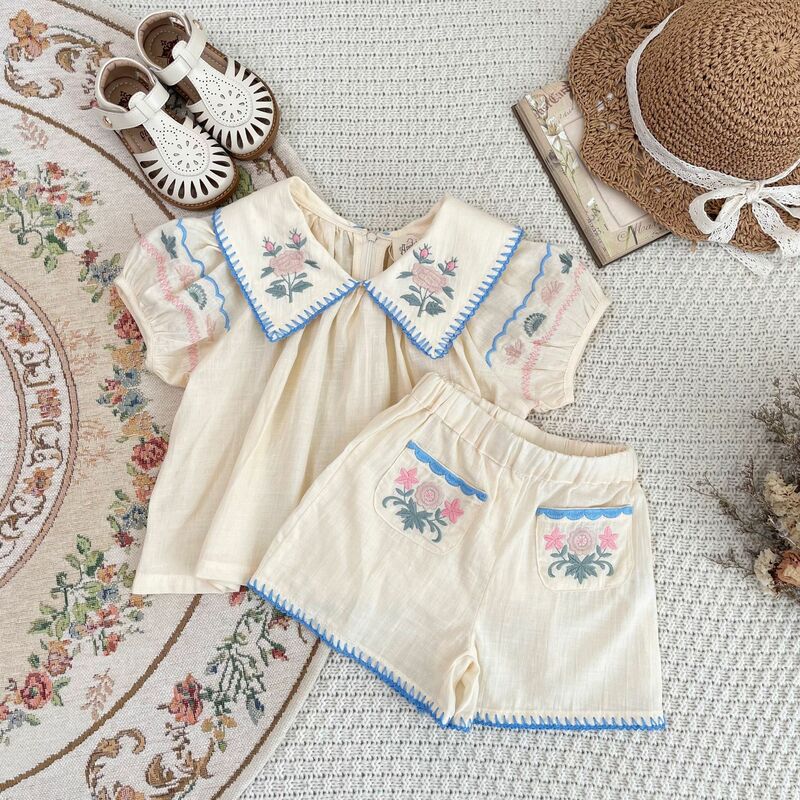 Apo Summer 2024 Girls' Set Same Style Girls' Pastoral Style High Definite Heavy Duty Embroidery Top and Shorts Two holiday sets