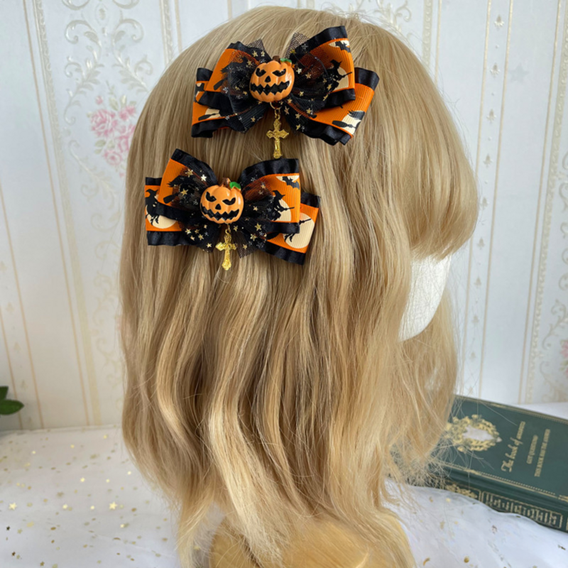 Top Grade Halloween Gothic Lolita Hat Hair Clip Orange Lace Gold Stars Headwear Cap for Women Ghost Festival Cosplay Headdress