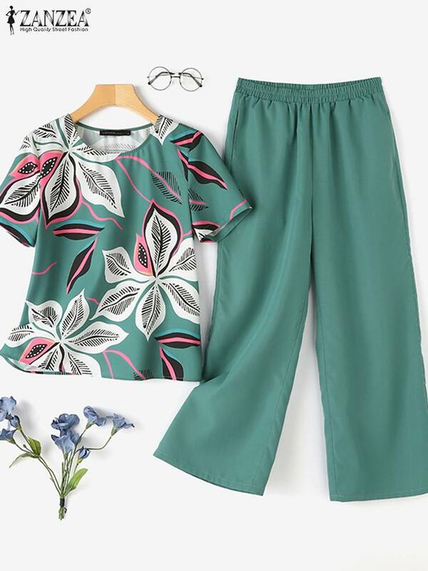 ZANZEA Women Outfits 2pcs Summer OL Work Pant Sets Short Sleeve Floral Blouse Trousers Suits Printed Matching Sets Tracksuits
