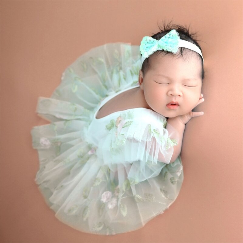 Rekwizyty fotograficzne dla noworodka strój urocza koronkowa księżniczka niemowlęta dziewczynki sukienka + kwiat zestaw opasek nowonarodzonych dziewczynek sesja zdjęciowa ubrania