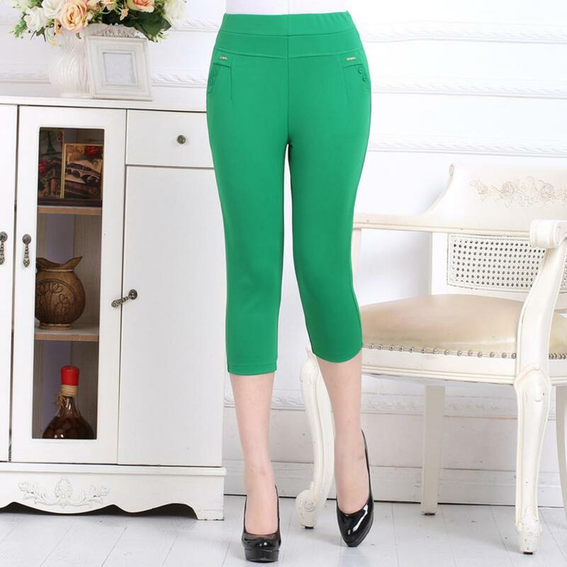 Flattering Leg Shape Pants High Waist Cropped Pants for Middle-aged Women Slim Fit Trousers with Pockets Solid for Streetwear
