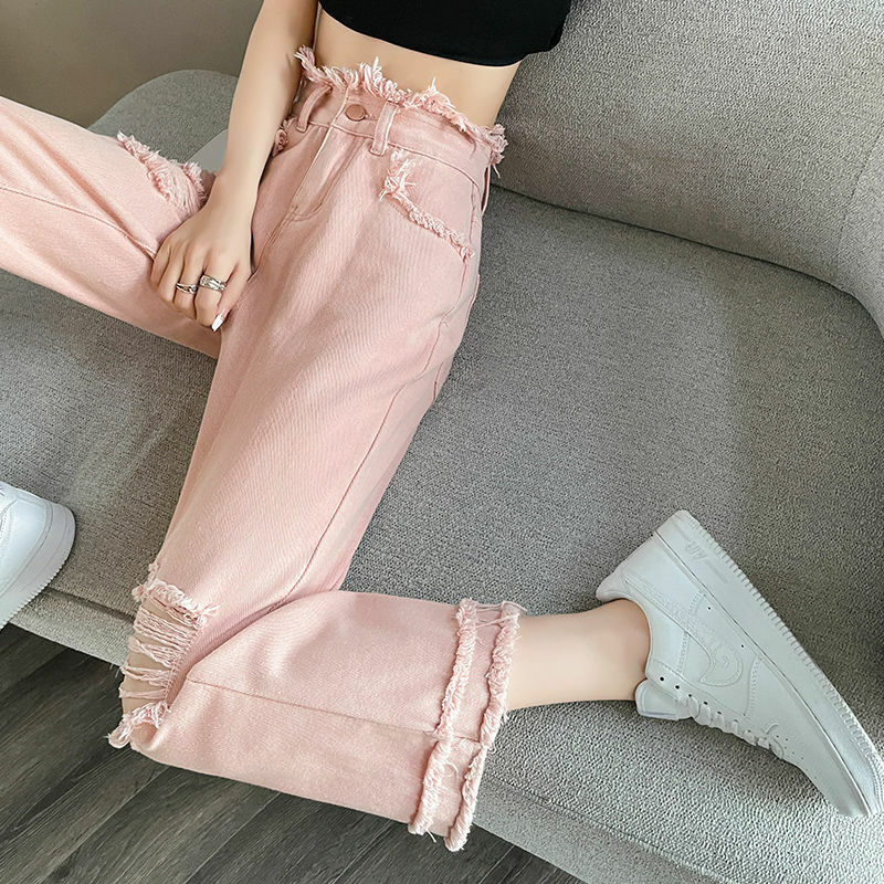 2023 Spring/Summer Korean Edition New Solid Color Perforated Straight Leg Jeans High Waist 9-point Wide Leg Pant Trend