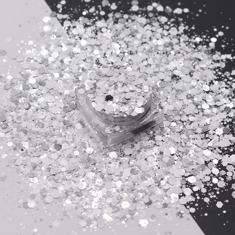 Nowy 10 g/worek srebrny Chunky Glitter Fine Glitter Mix holograficzny brokat twarz ciało włosy Nail Art rzemiosło żywiczne akcesoria do paznokci