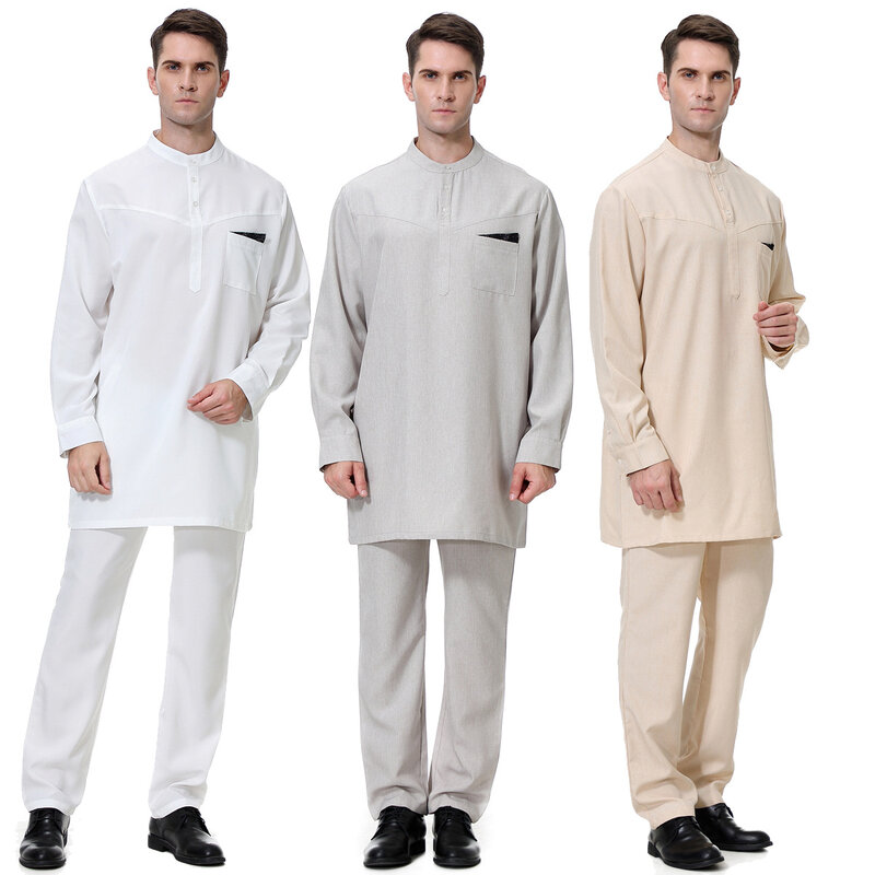 Baju Muslim Arab pria, baju gamis kancing Thobe + celana 2pcs pakaian Abaya Arab Saudi Turki Kurtas Muslim