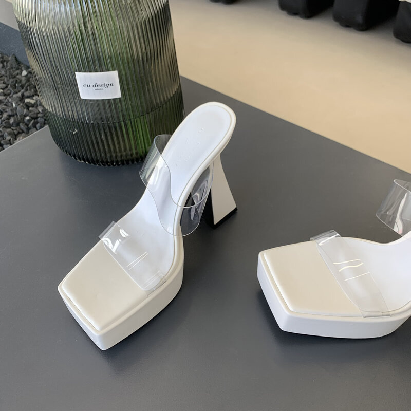 Zapatos de punta cuadrada para mujer, zapatillas de tacón alto, cómodas y gruesas, sandalias modernas con plataforma de cristal, 2024