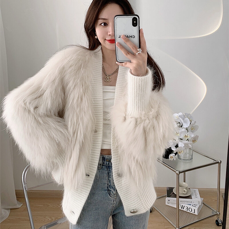 여성용 겨울 모피 코트, 캐주얼 V넥 싱글 브레스트 니트, 천연 너구리 개 모피 재킷, 한국 패션