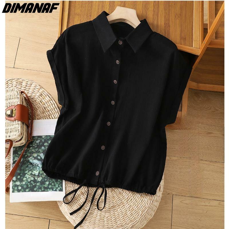 Dimanaf 2024 Women Plus Size T-Shirt Oversize Vintage Elastic Loose Thin Short Sleeve Cotton Solid Lady Tops Tees Button