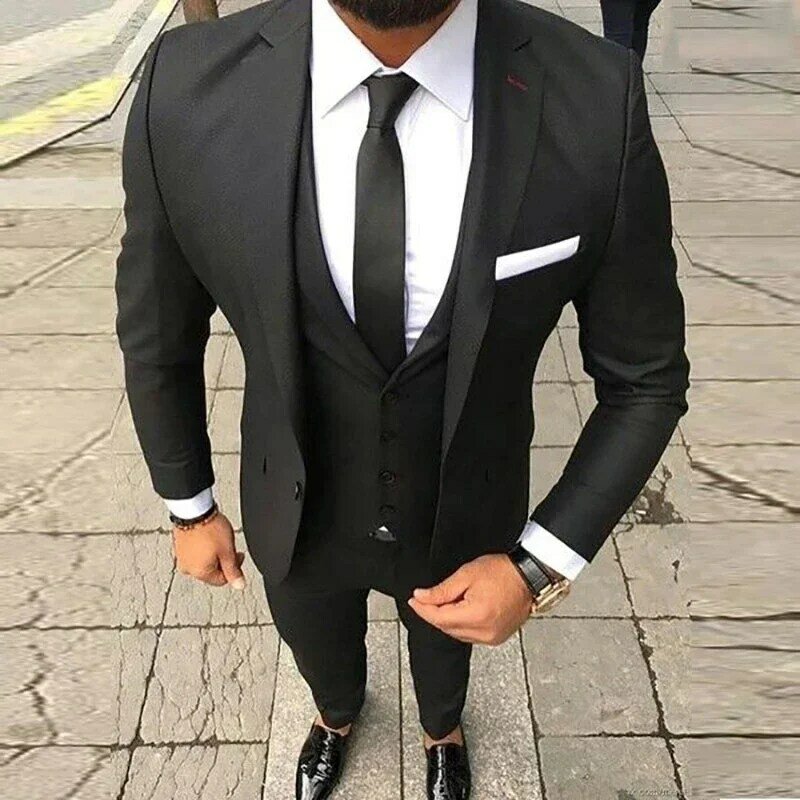 Black Fashion Business Men Suit Smart Casual Slim Fit Blazers Hombre Notch Lapel High Quality Custom 3 Piece Set Costume Homme