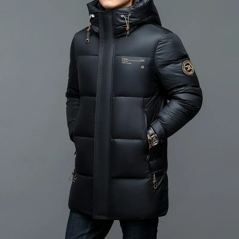 Comprimento médio dos homens jaqueta de pato branco, casaco espesso quente, casual com capuz, frio orgulhoso,-30 ℃ ~-15 ℃, outono, inverno, 90