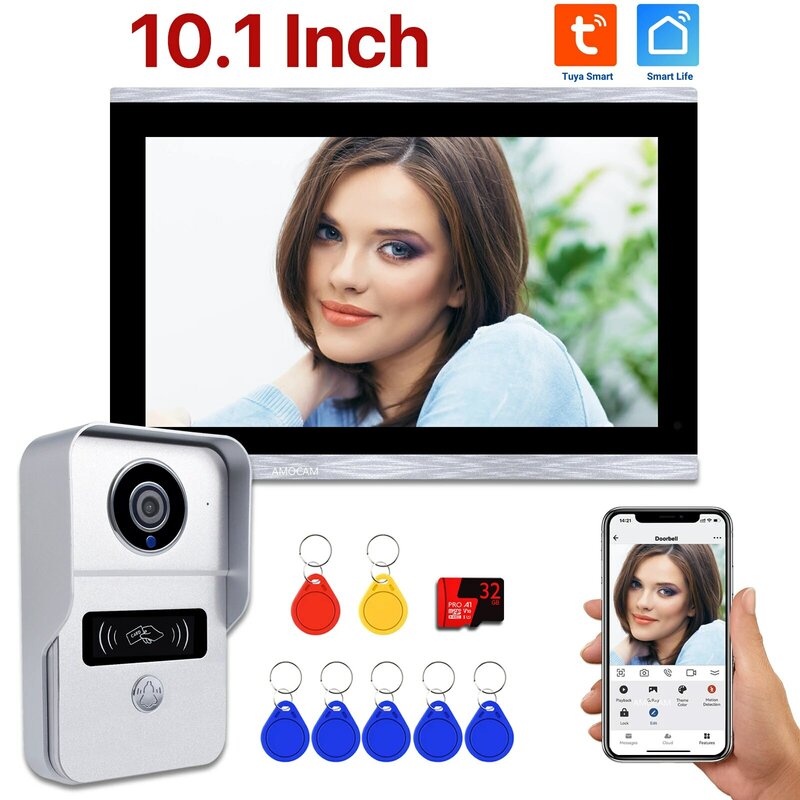 Campainha de vídeo WiFi com tela sensível ao toque, Smart Tuya Home Video Intercom, Cartão 32G, RFID, Detecção de Movimento, Desbloqueio ID, 10 ", 7", 1080P