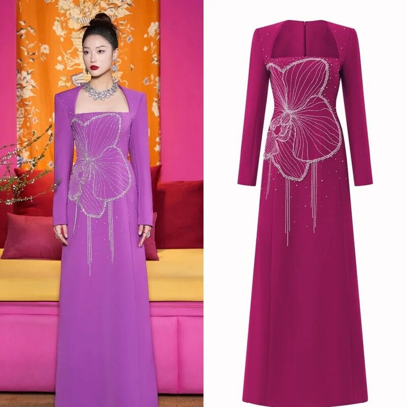 Jersey Beading Draped Cocktail Party A-line Square Collar Bespoke Occasion Gown Long Dresses