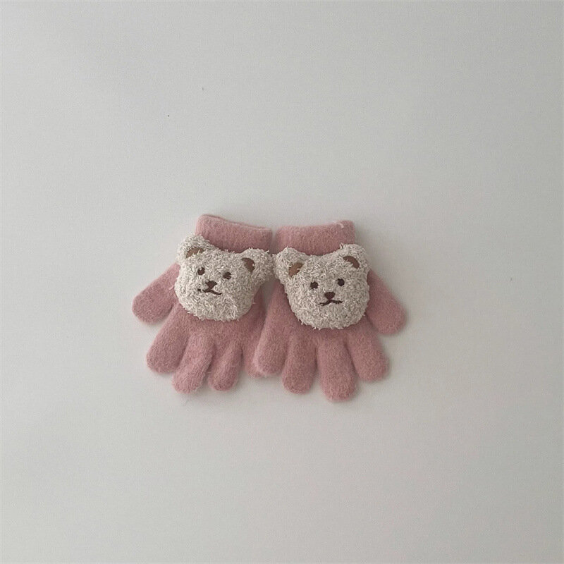 Korean Children's Gloves Winter New Ins Cartoon Bear Warm Finger Knitted Baby Student Gloves Boys Girls Mittens Warm 1-5Years