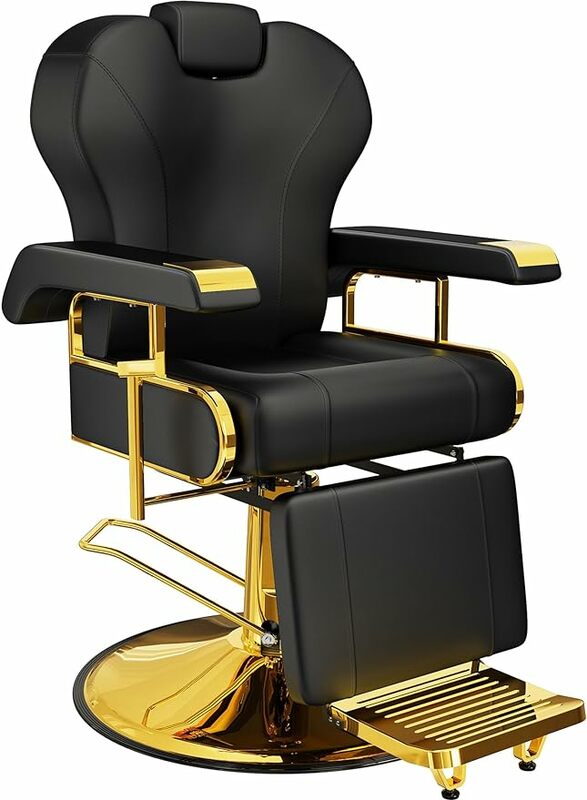 Professional Reclining Salon Chair with Adjustable Backrest, Elegant Black Gold Barber Chair with Heavy Duty Steel Frame