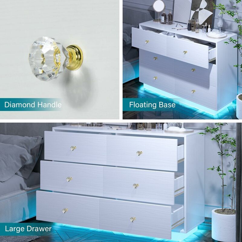 Peito de gavetas com luzes LED, cômoda moderna flutuante com punho do diamante, quarto, 6 gavetas