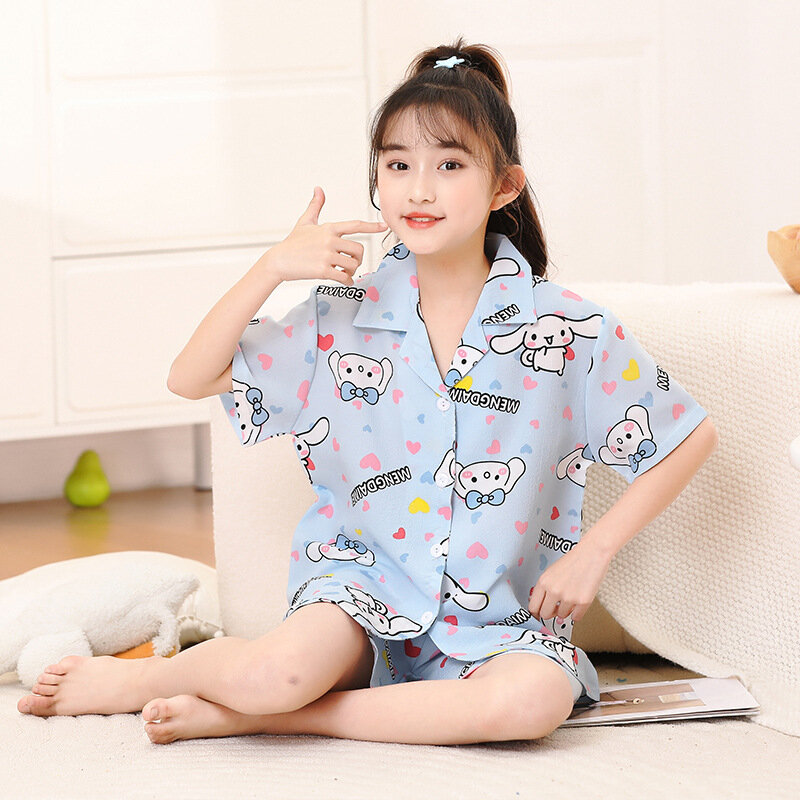 Лето 2024, Детские пижамные комплекты, кардиган для девочек и мальчиков, пижама с коротким рукавом, милая аниме Cinnamoroll Kuromi My Melody, детская одежда для сна