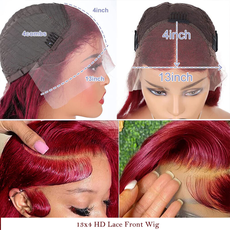 Wig rambut manusia gelombang tubuh merah anggur wig depan renda transparan HD wig rambut manusia Brasil gelombang tubuh 99J merah marun dengan rambut bayi