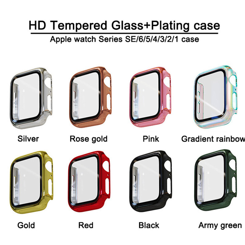 เคสป้องกันหน้าจอสำหรับ Apple Watch, ขนาด44มม. 40มม. 42มม. กระจก HD 38มม. 41มม. 45มม. ฝาครอบชุบสำหรับ Apple Watch Series 8 7 6 5 4 3 SE