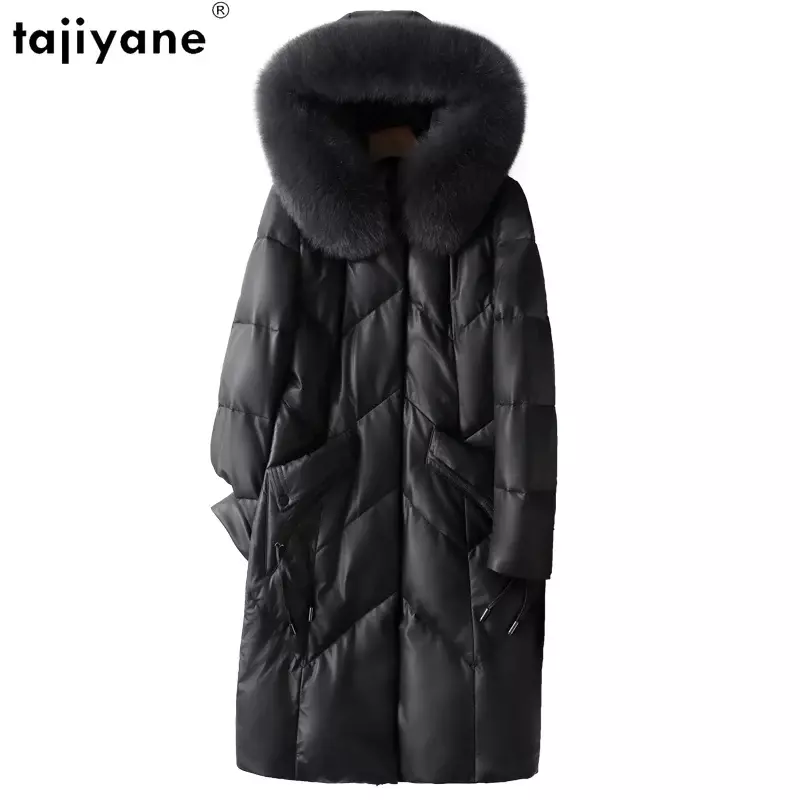 Tajiyane-女性用シープスキンレザージャケット、暖かいパーカー、白いダックダウンコート、フード付きキツネ毛皮の襟、ミッドレングス、100% 本物、冬、2023