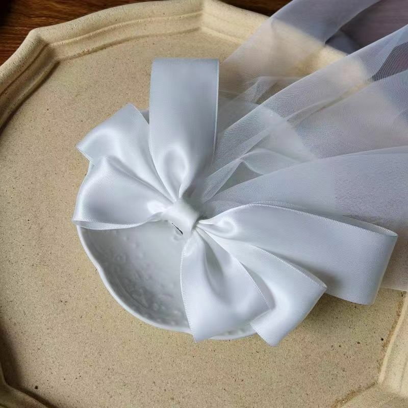 Kerudung pernikahan putih jepit rambut pita pengantin wanita kecil tudung pendek gaun fotografi Studio rambut Korea Jepang