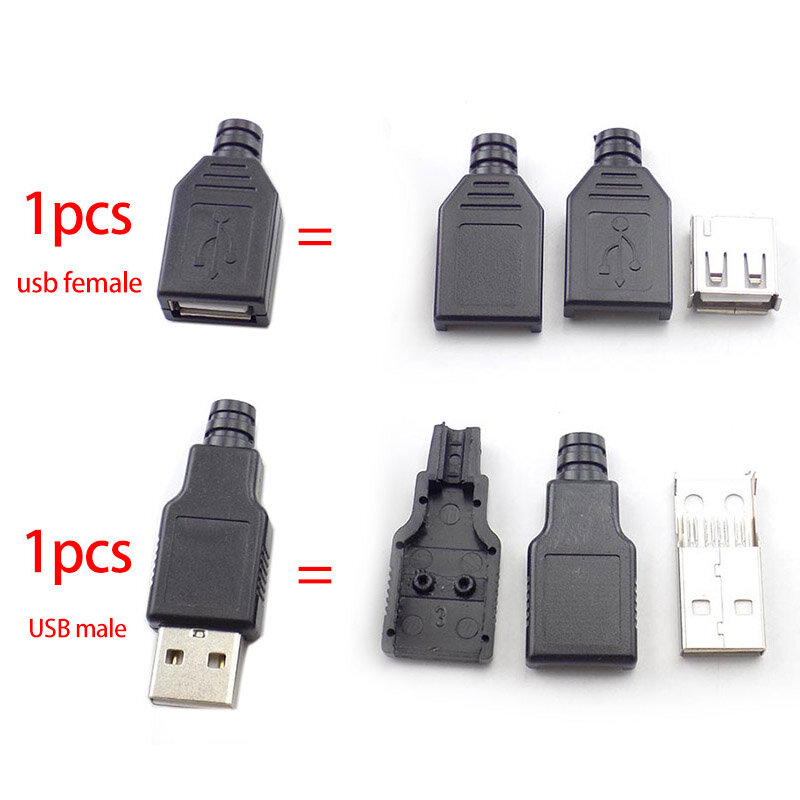 USB 2.0 macho e fêmea 4 pinos soquete adaptador, conector de solda com tampa plástica preta, plugue DIY, tipo A, D5, 1 pc, 5 pcs, 10pcs