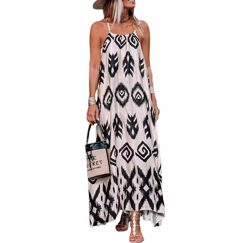 2024 Spring New Pullover Sling Dress for Women Fashion Versatile Loose Print Long Dress for Women